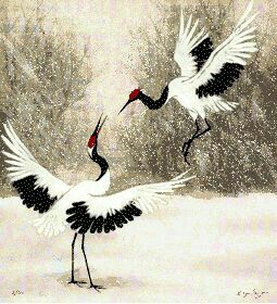 pintura em estilo japonês antigo de dois tsurus (pássaros) batentao as asas