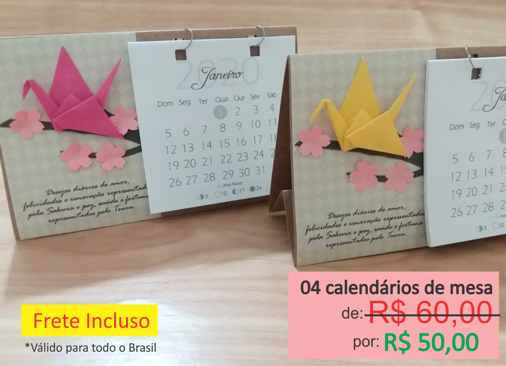 calendário de mesa tsuru e galho de sakura - sakura origami ateliê