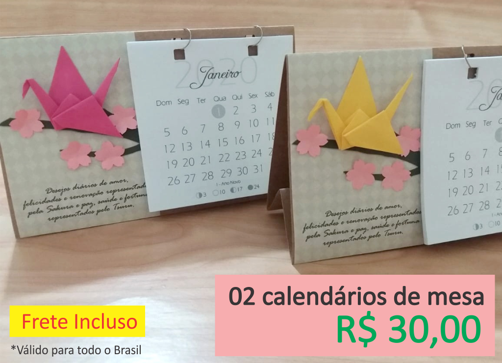calendário de mesa tsuru e galho de sakura - sakura origami atelie