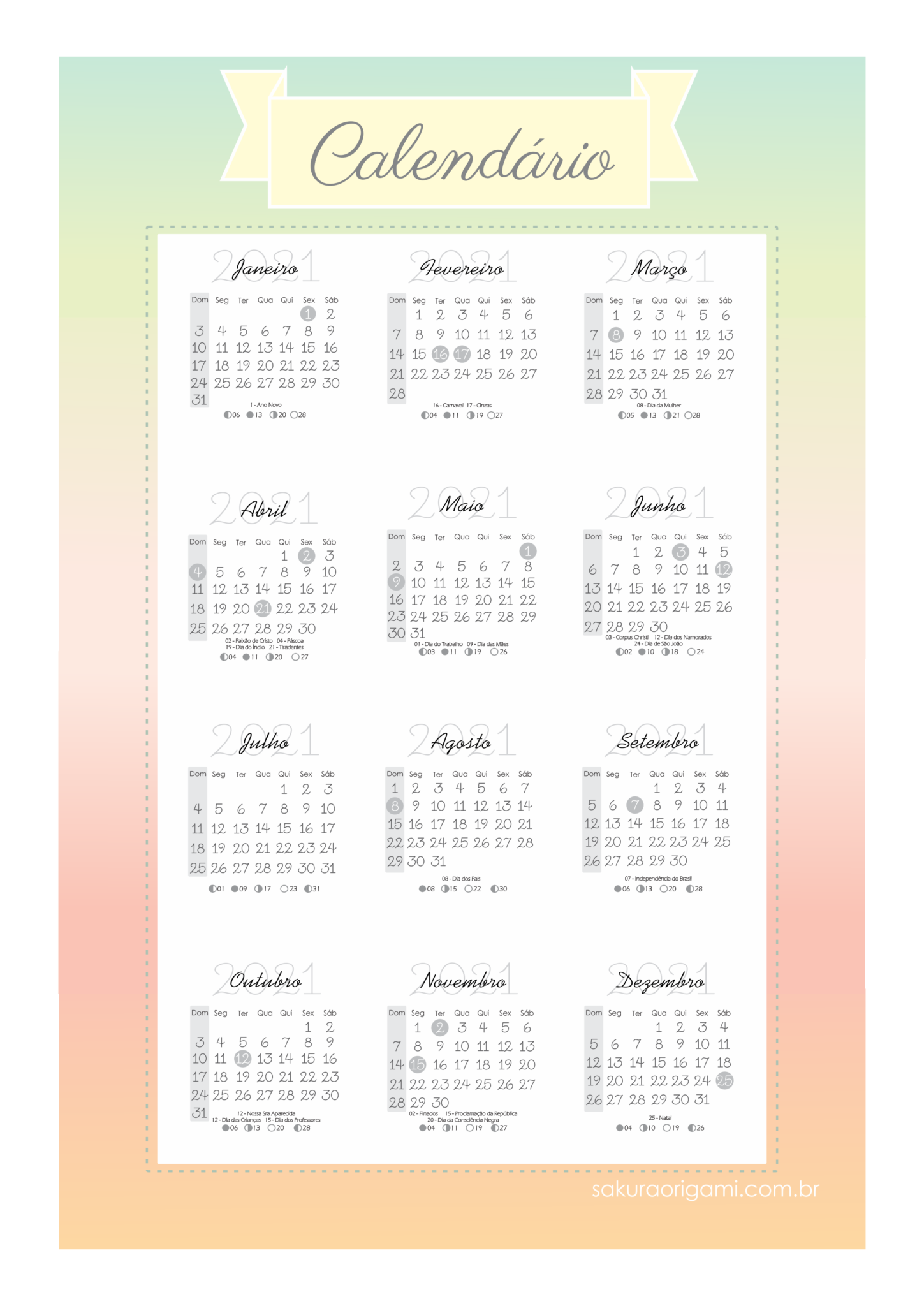 Calendário 2021 colorido – para baixar e imprimir - sakura origami atelie