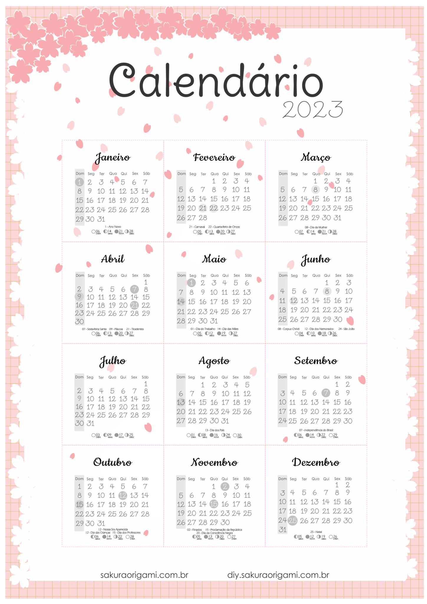 Calendário 2023 para imprimir - flores de sakura